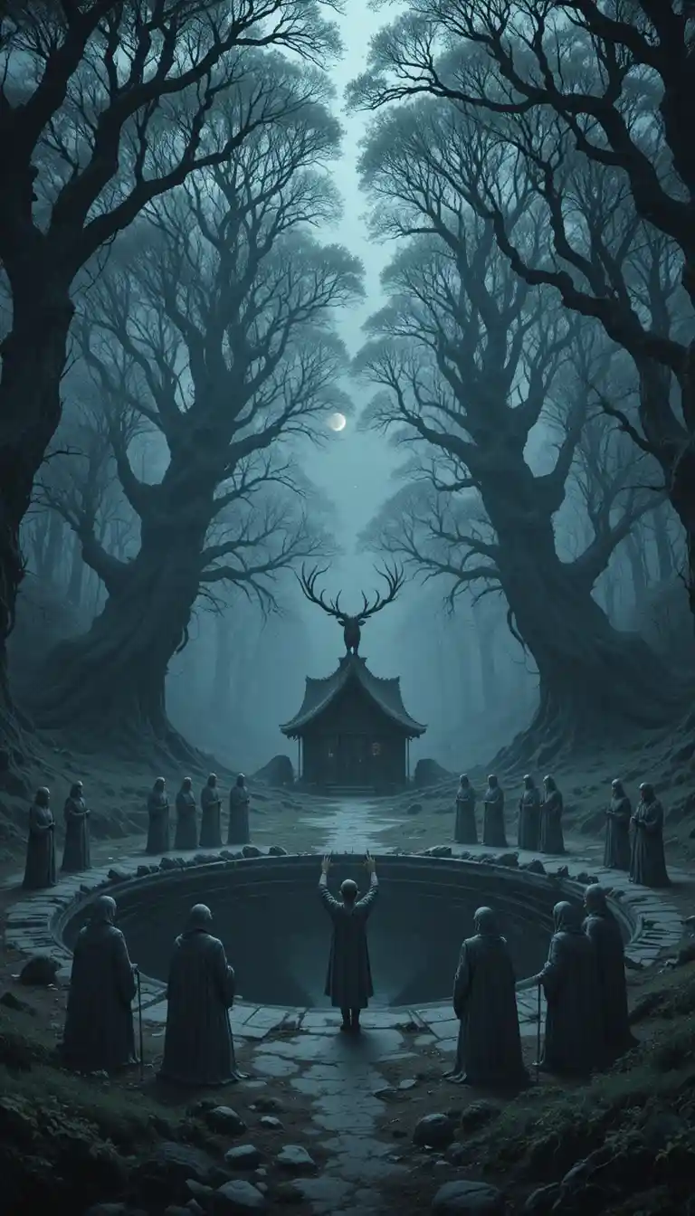 Druids Guard A Boy Beside A Dark Forest Pool