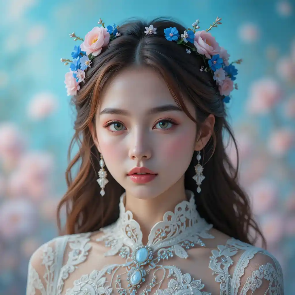 Young Asian woman with floral crown in dreamy portrait
