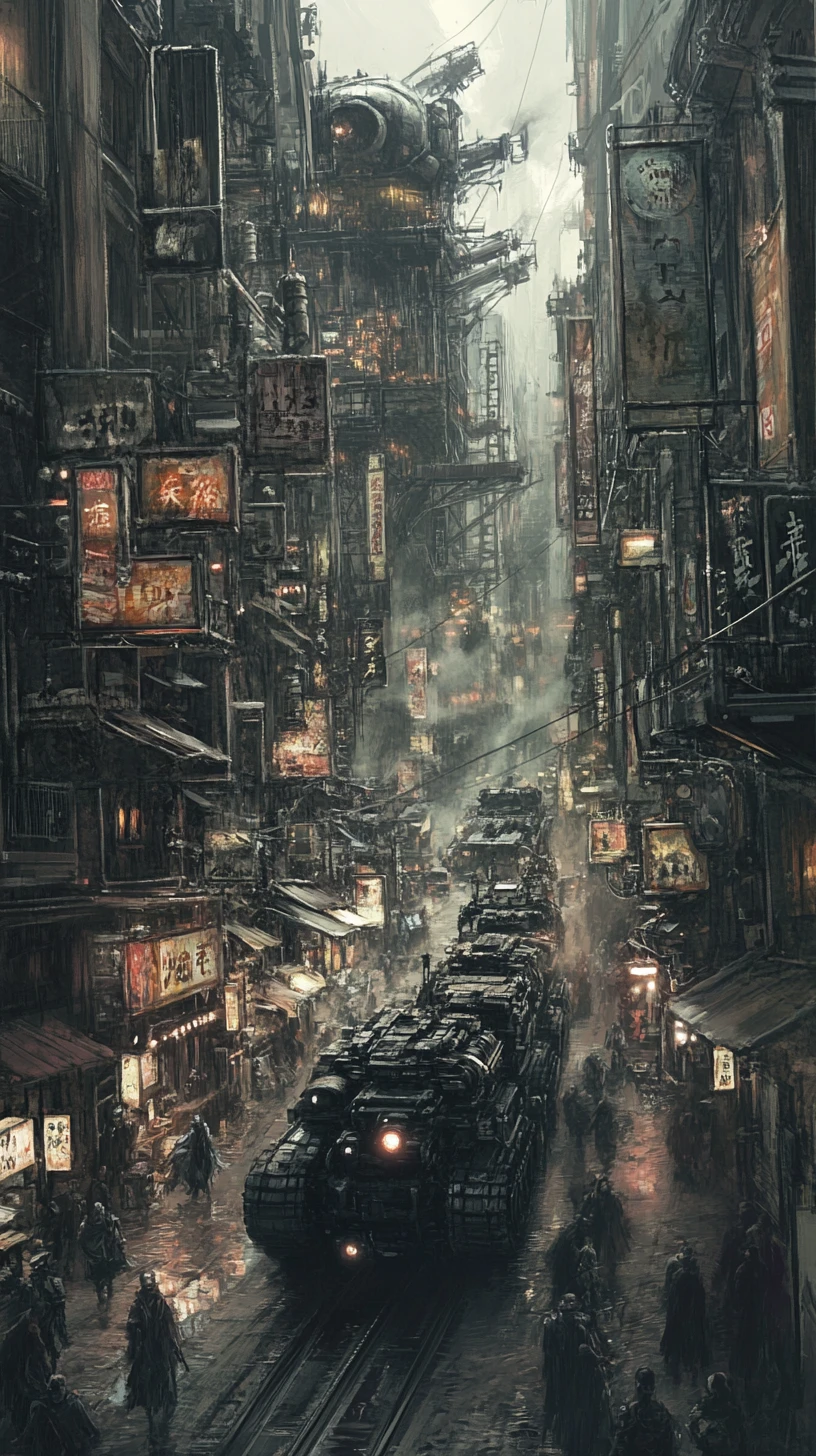 Cidade cyberpunk distópica dominada por tanques de aço errantes