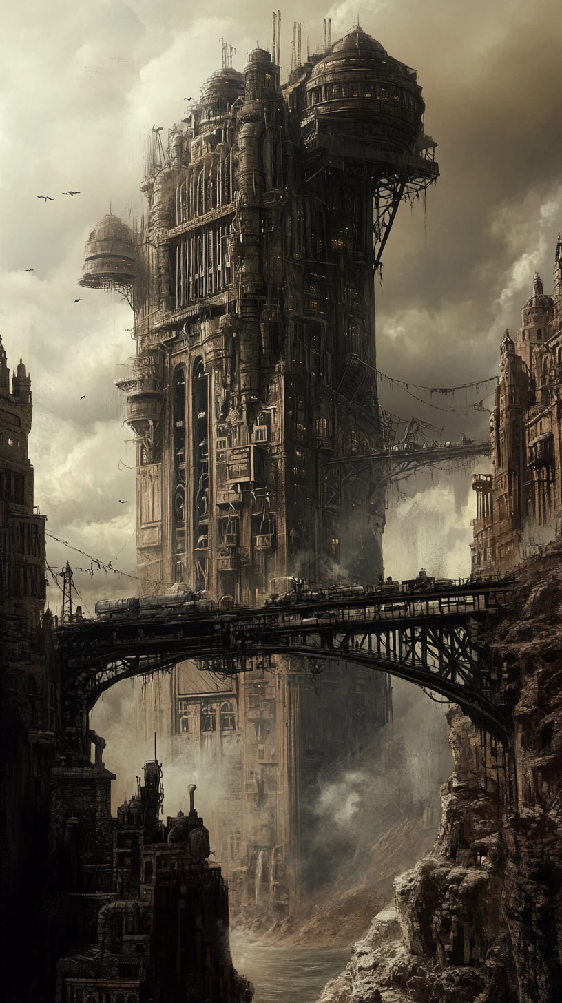 Ciudad steampunk errante sobre ruedas en un páramo implacable