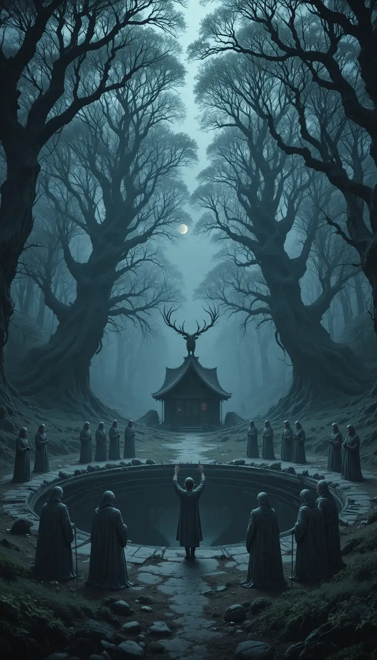 Druids Guard A Boy Beside A Dark Forest Pool
