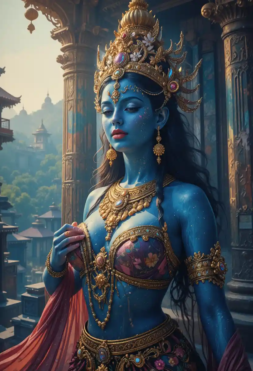 Blue hindu goddess portrait in glittering temple sunlight