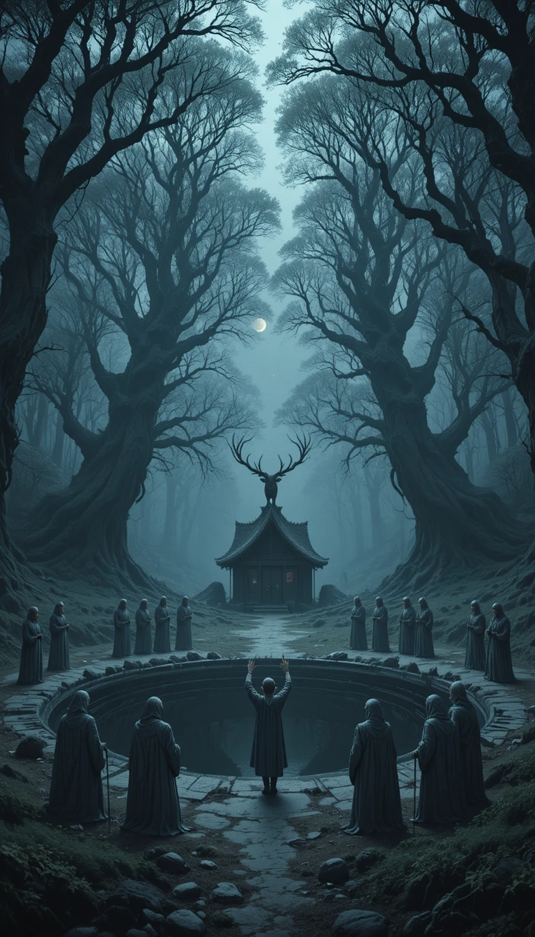 Druids Guard A Boy Beside A Dark Forest Pool