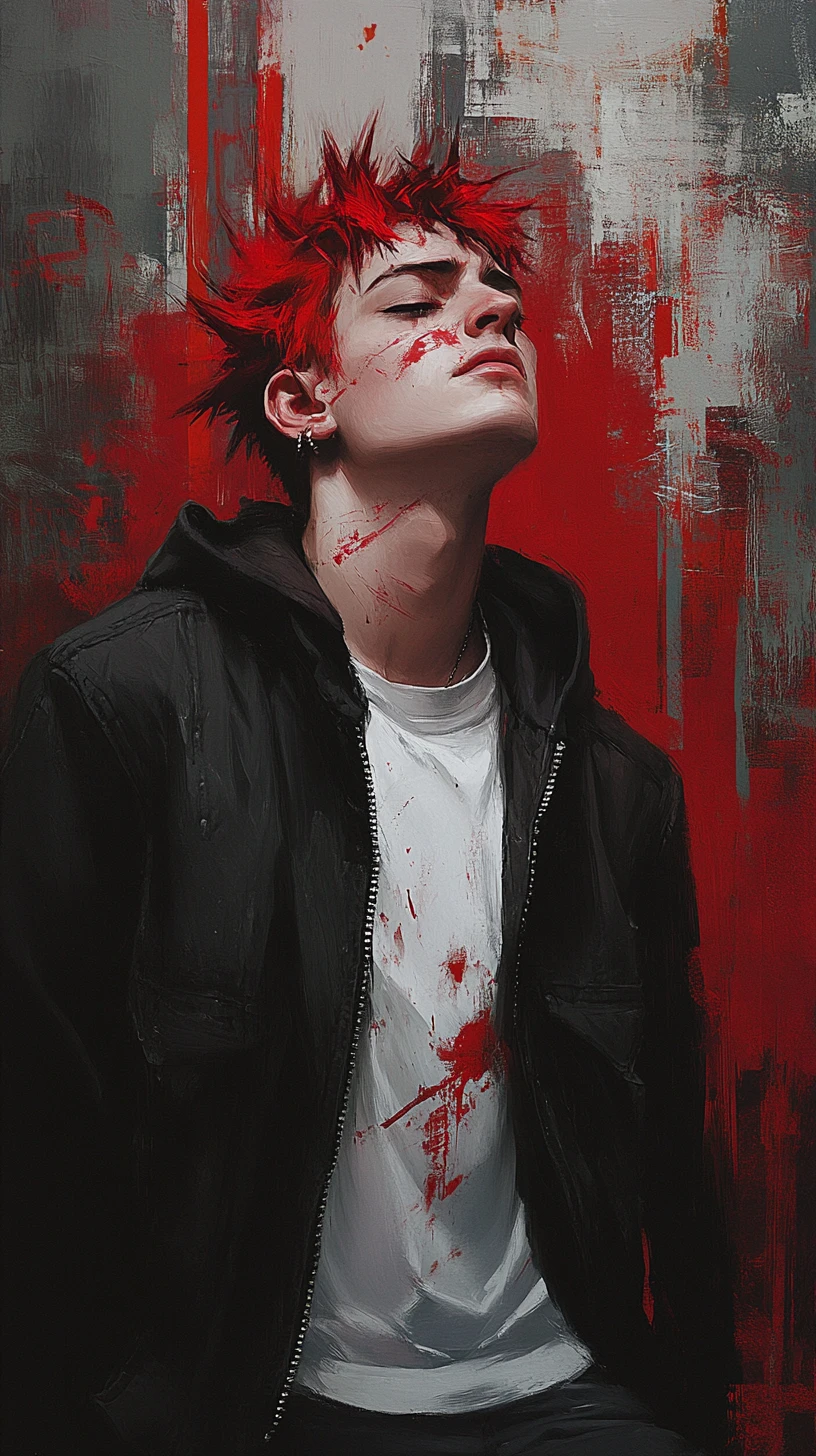 Retrato de jovem melancólico com fundo vermelho abstrato
