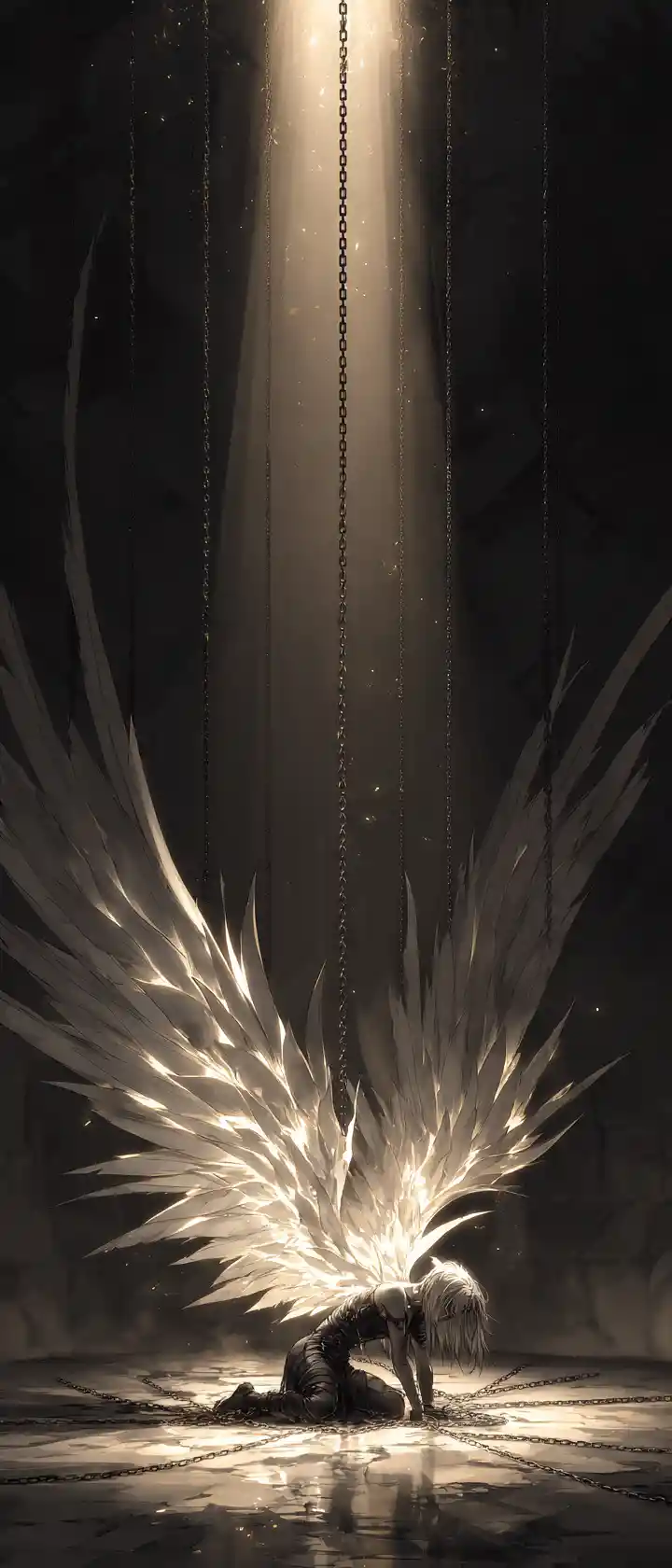 Fallen angel chained in darkness with wings struck by light