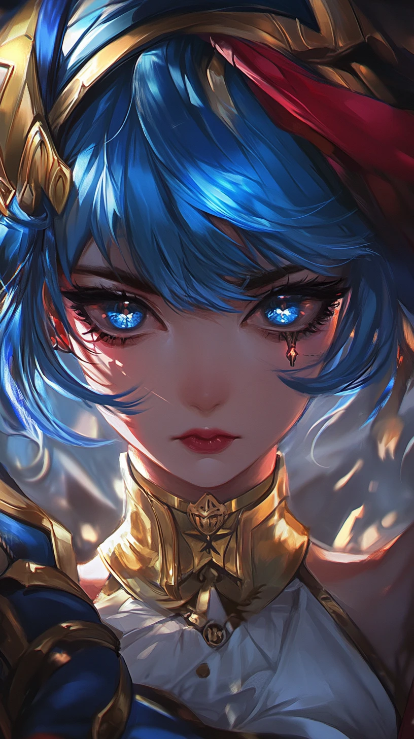 Primo piano di cavaliere anime dai capelli blu in posa di battaglia