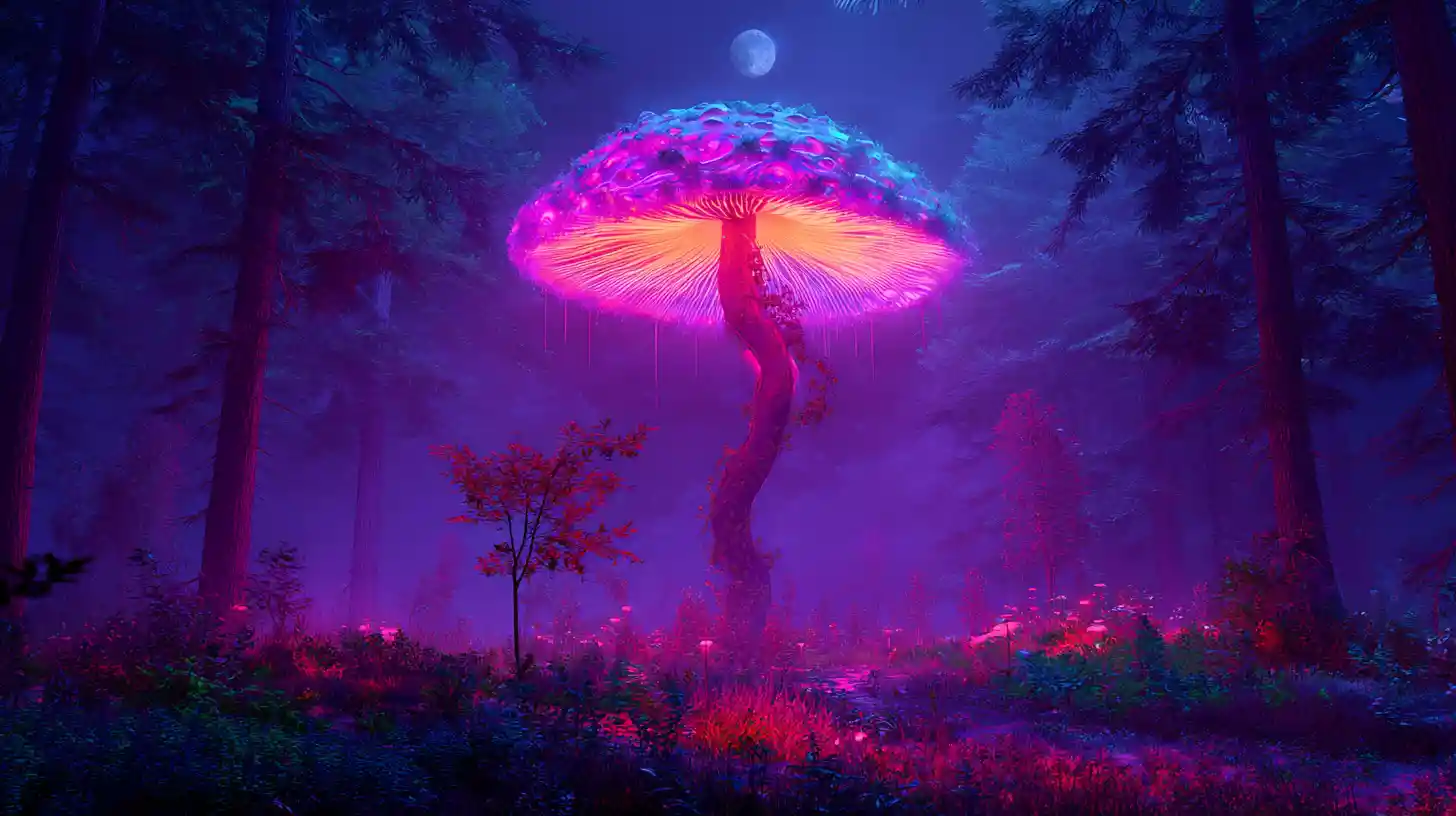 Cogumelo gigante brilhante em uma floresta enevoada ao luar