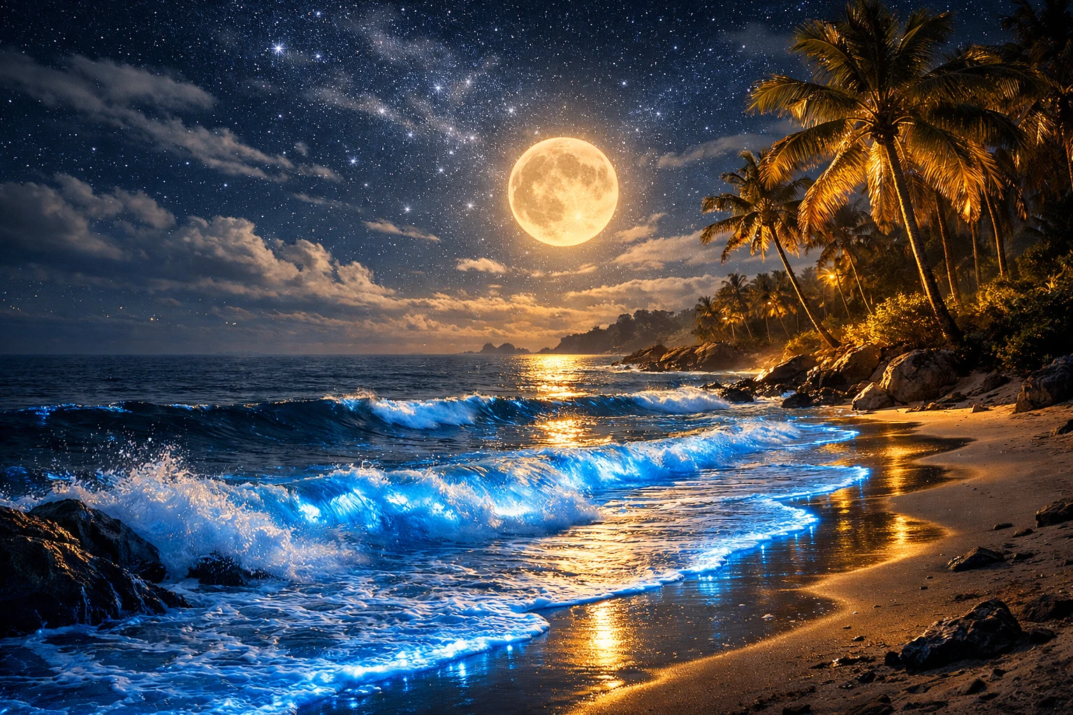月光照耀下的夜晚海灘與發光藍眼淚海浪