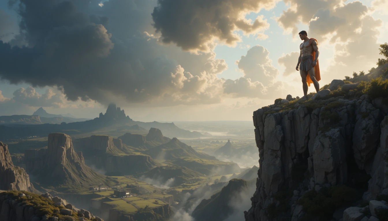 Prometheus standing on a high cliff watching distant humanity