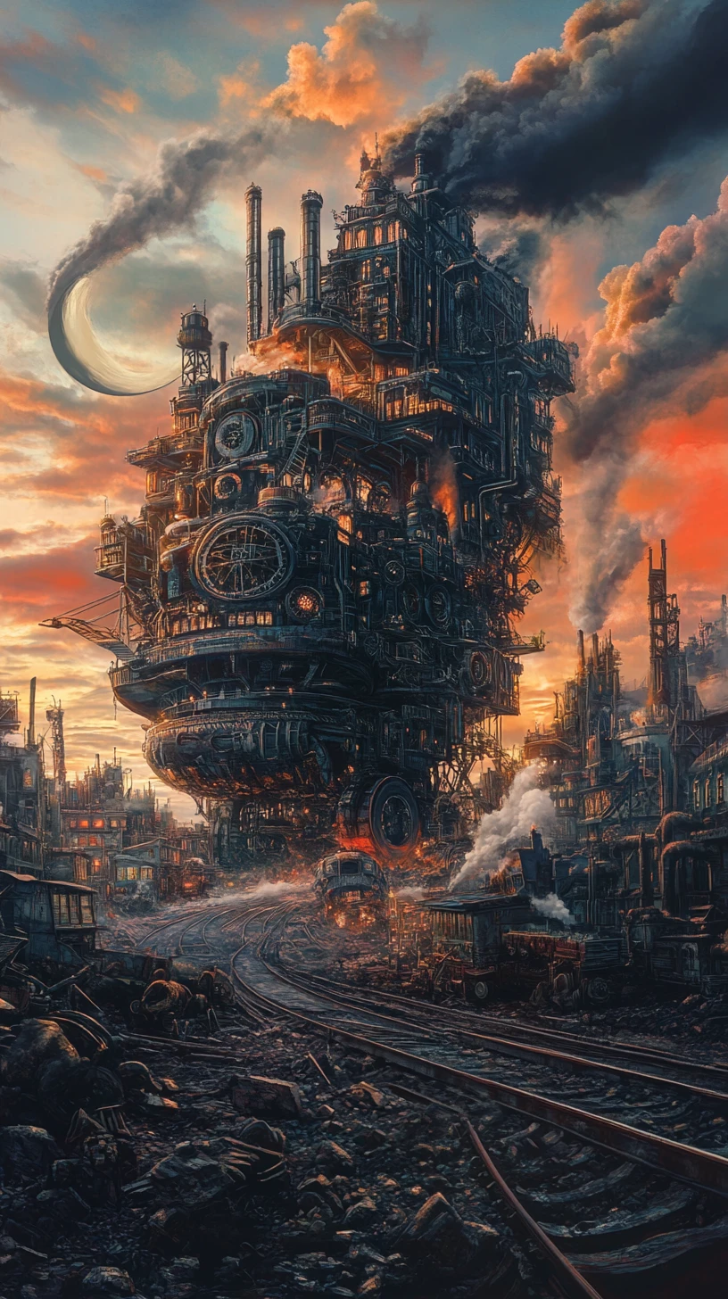 Enorme ciudad móvil victoriana persiguiendo a otra sobre las ruinas