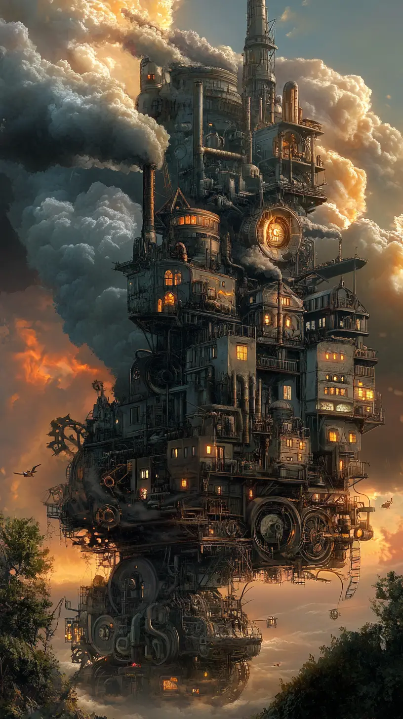 Massive steampunk city mounted on roaring mechanical wheels