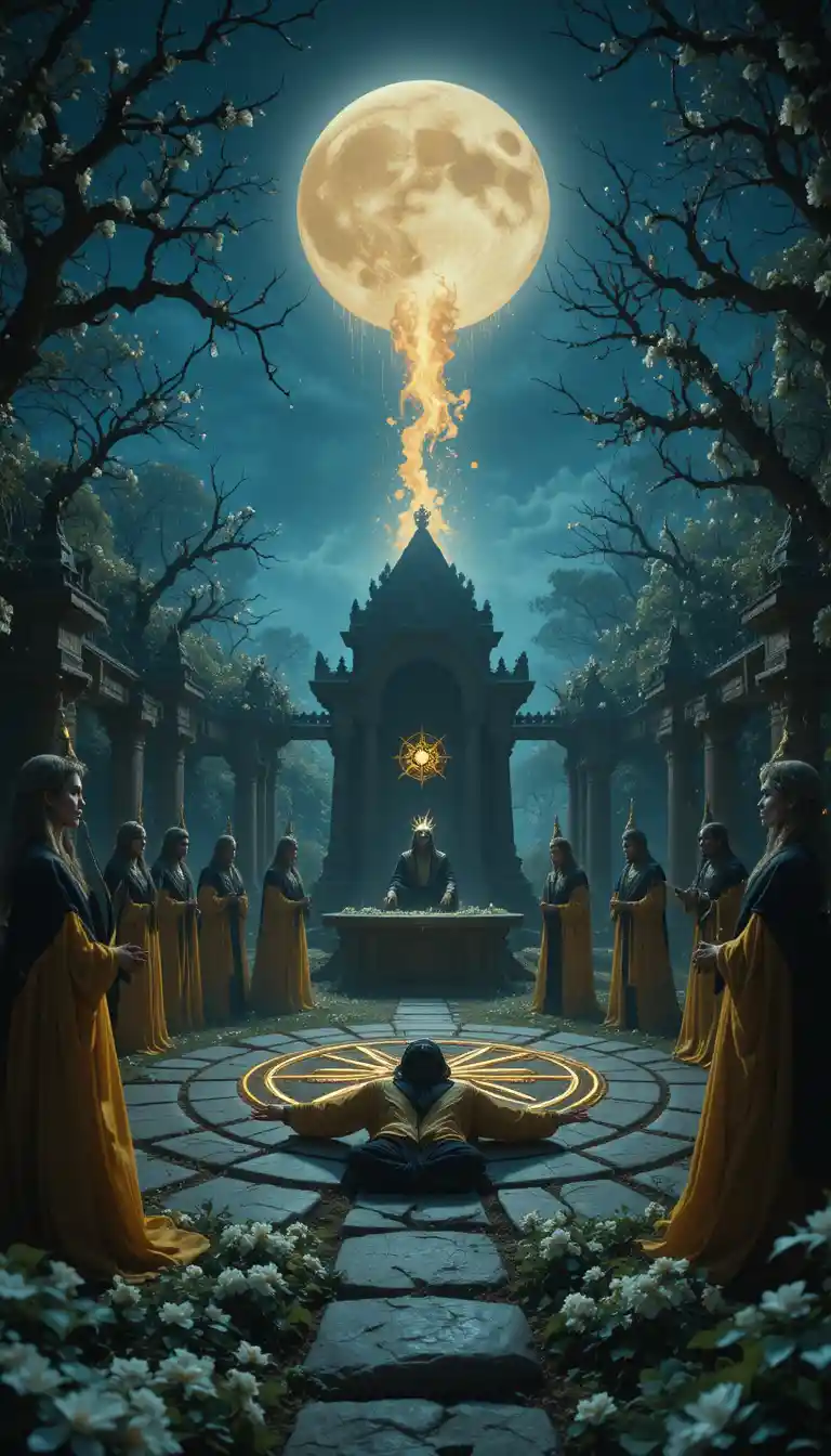 Ancient stone circle ritual under the glowing full moon