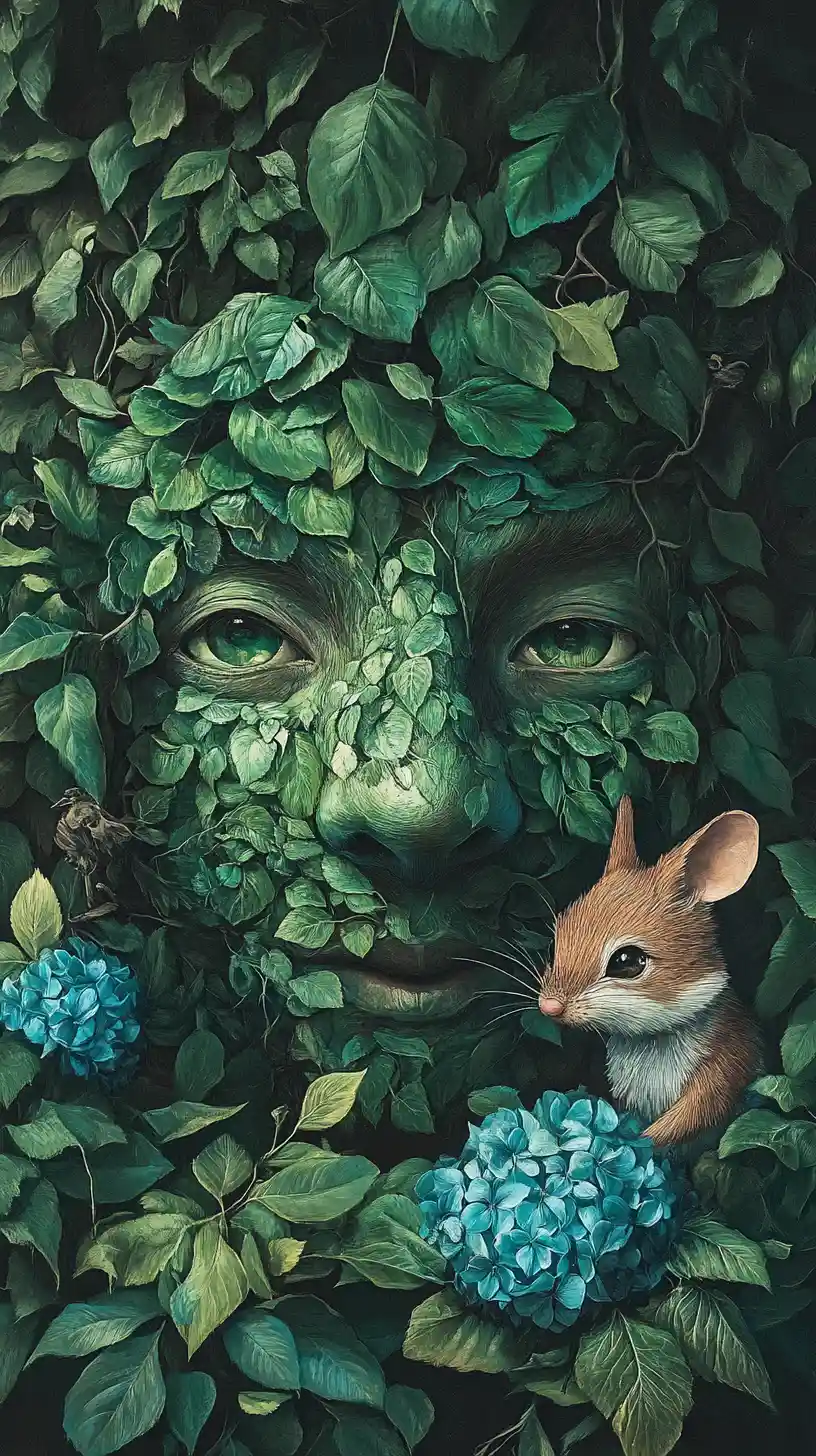 Leafy forest spirit with blue flowers and woodland animal