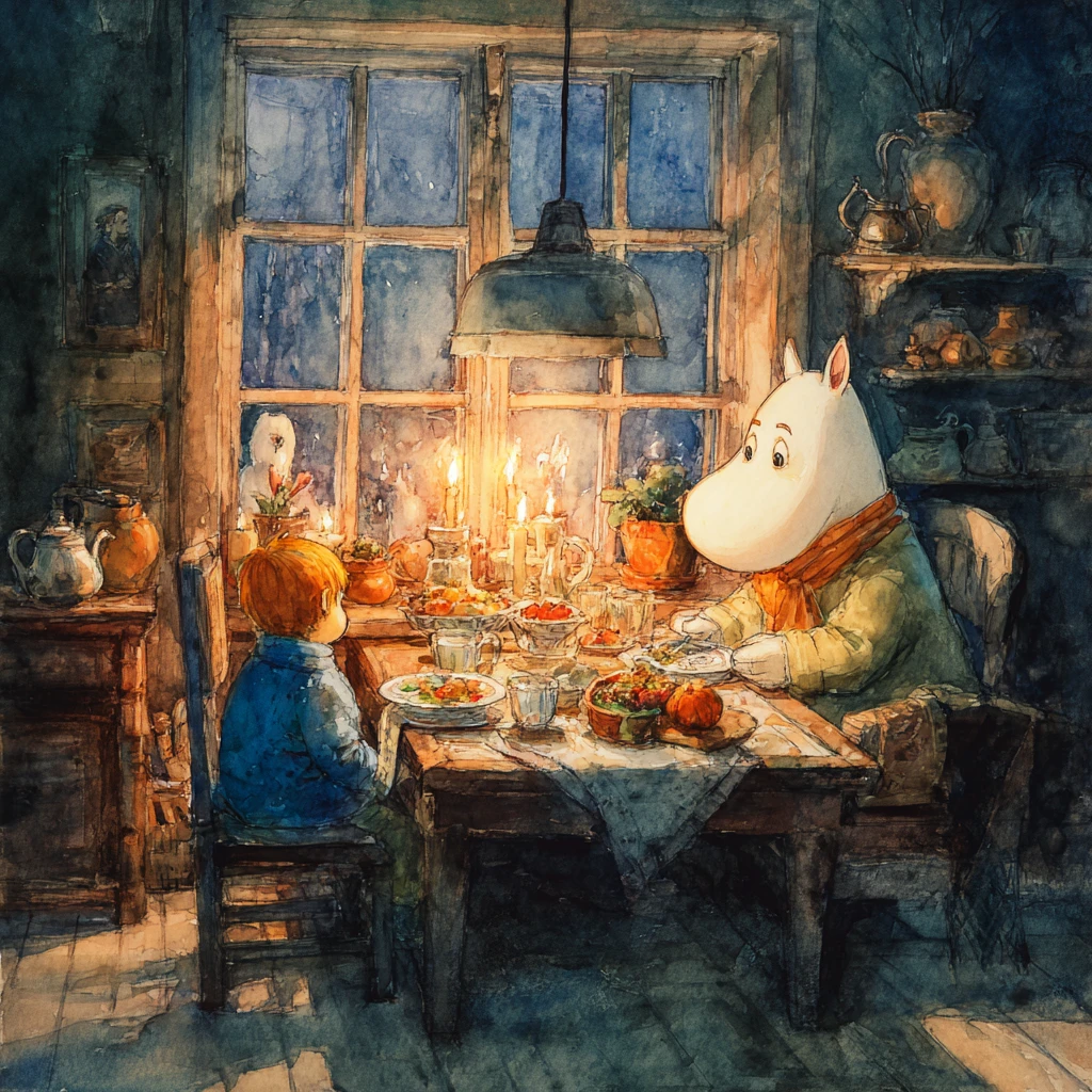 Ruhiger Weihnachtstisch in einem sanft leuchtenden Winterhaus