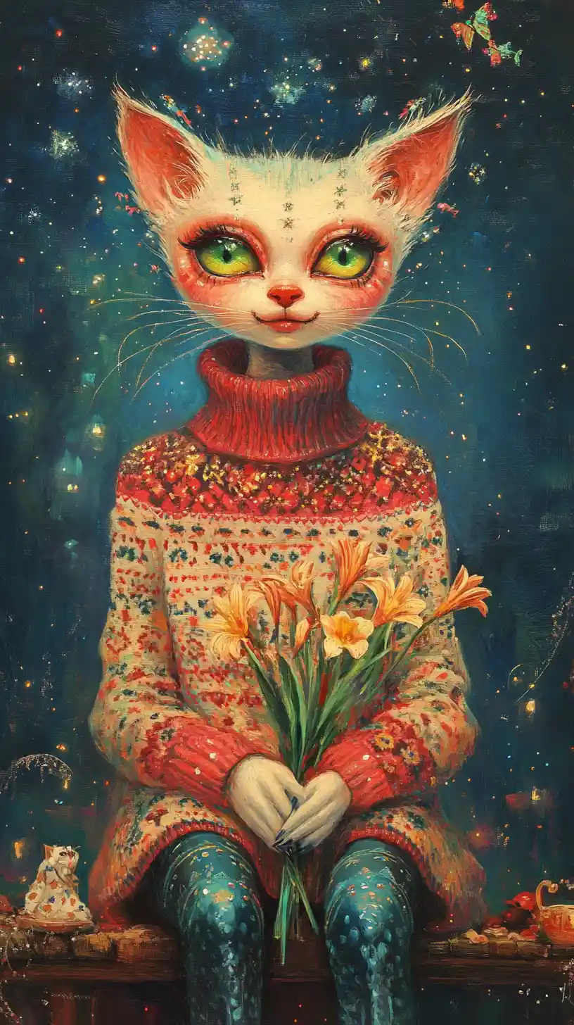 Mystical feline witch on a bench under a starry sky