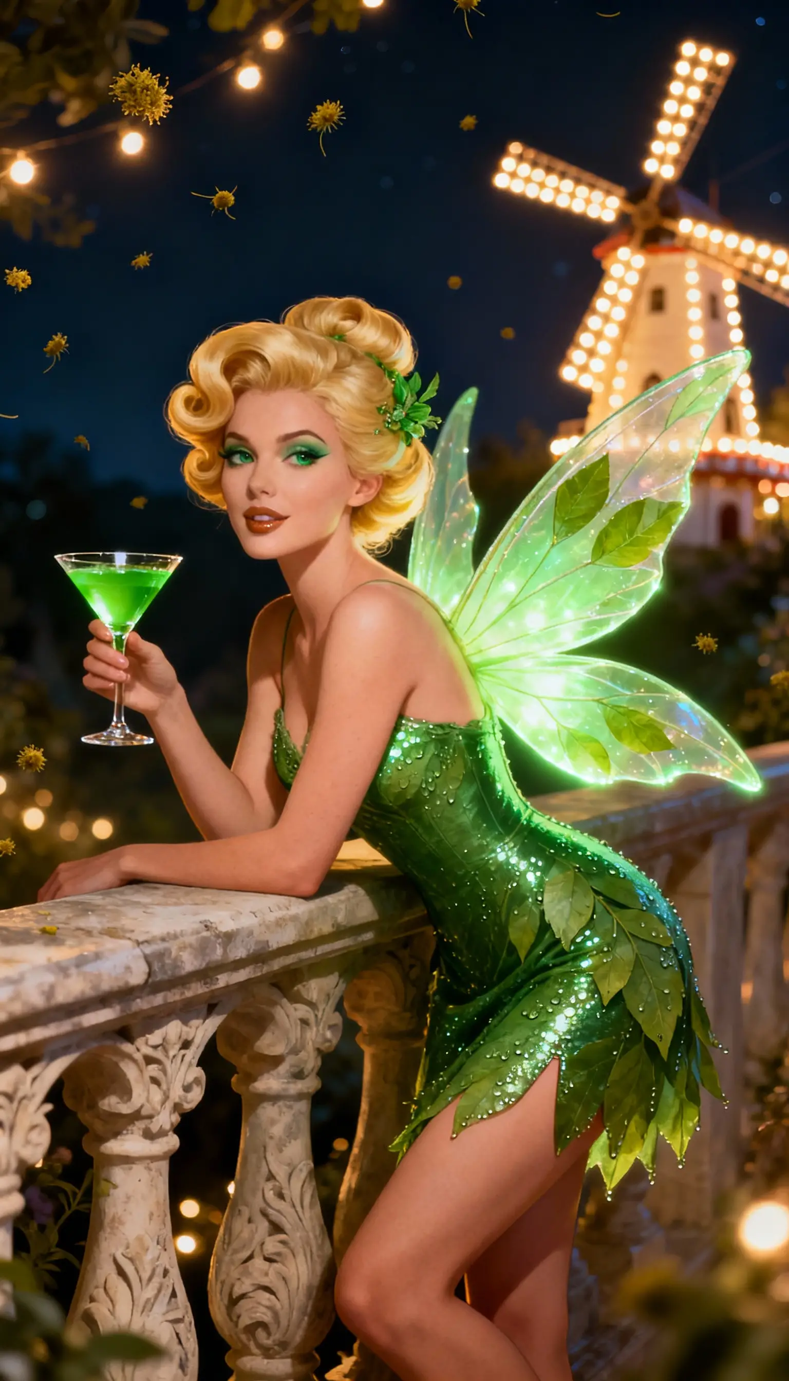 Glamorous fairy woman with emerald dress on night balcony