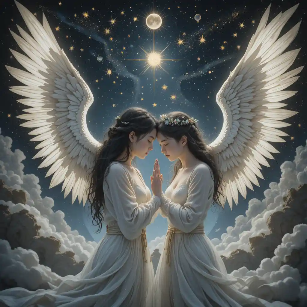 Romantic angel couple holding hands in starry outer space