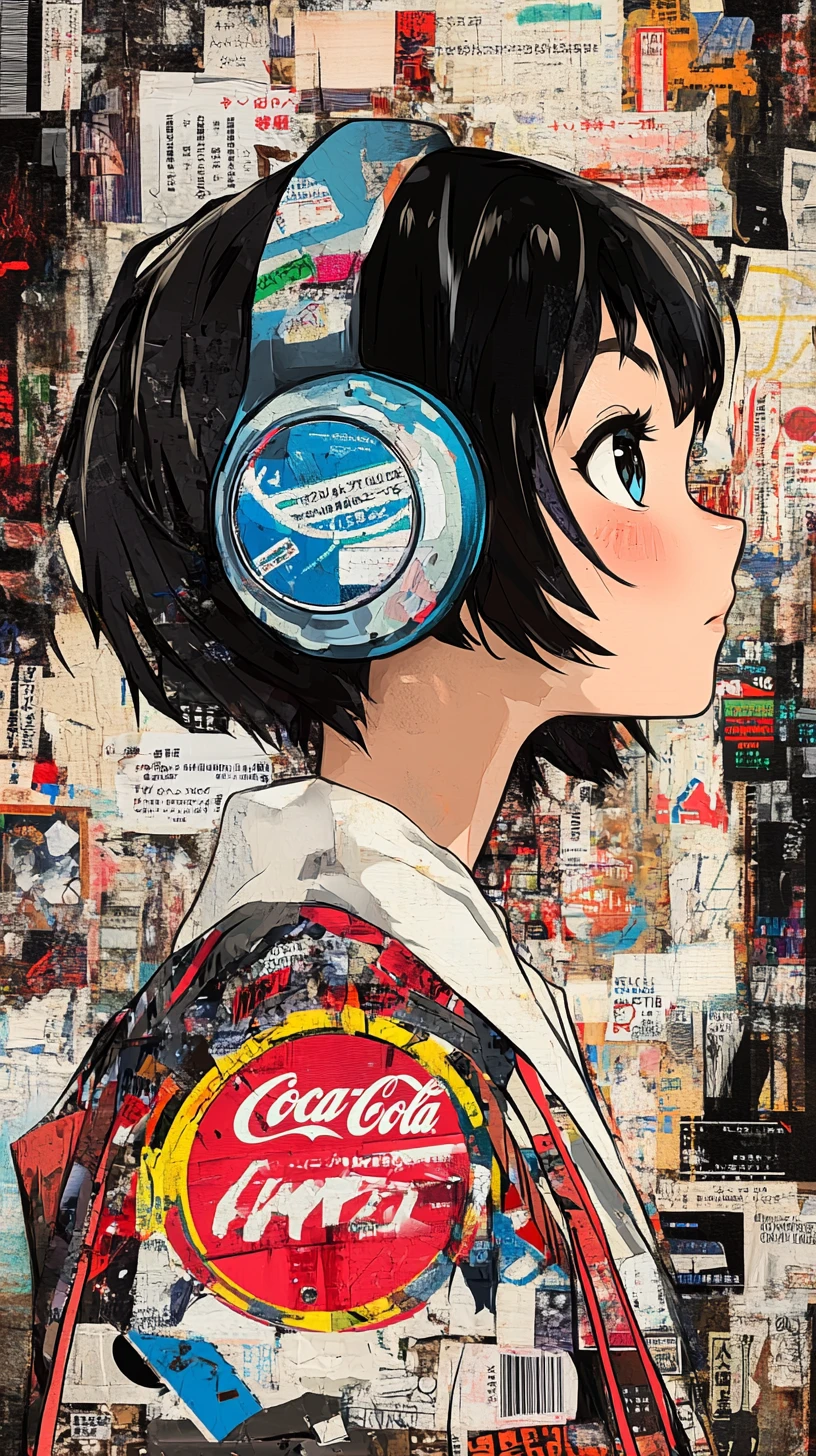 Anime girl in collage jacket with blue headphones profile