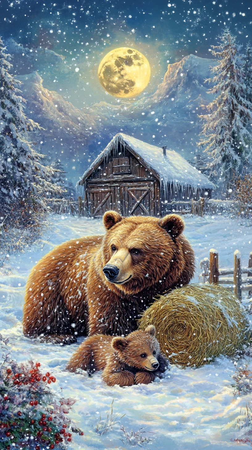 Ours brun et oursons abrités dans une prairie enneigée