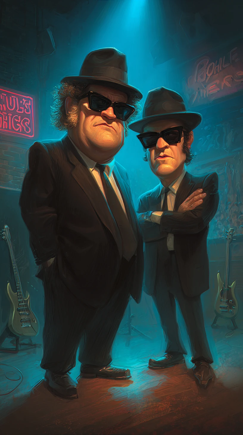 Músicos de blues de terno preto em palco enfumaçado em Chicago