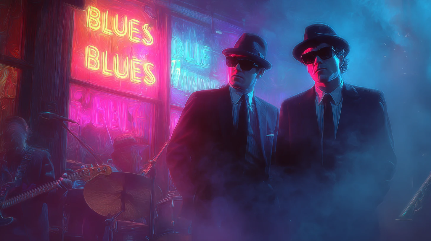 Músicos de blues de terno preto se apresentando em palco enfumaçado