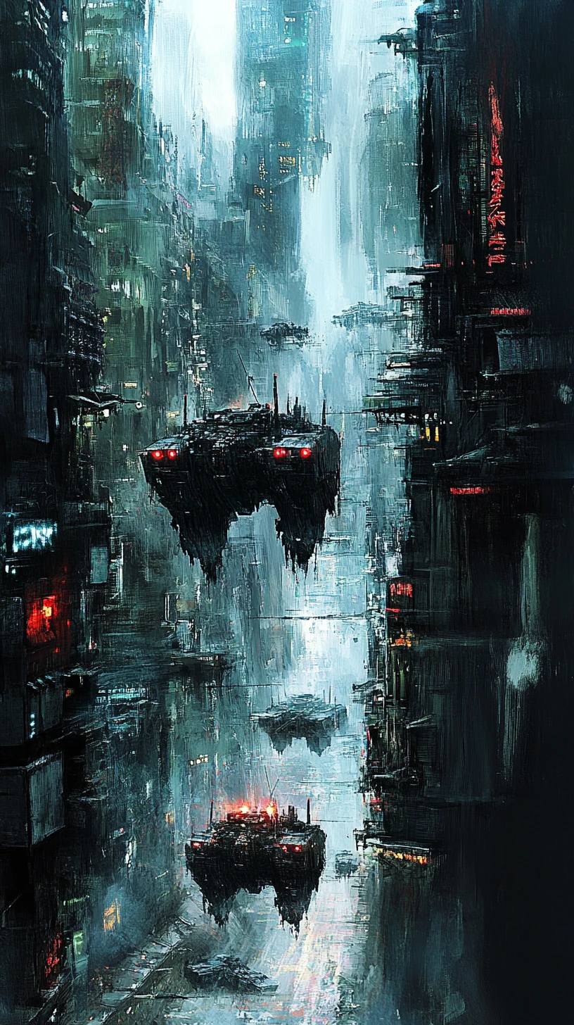 Cidade distópica de tanques errantes e caos industrial em neon