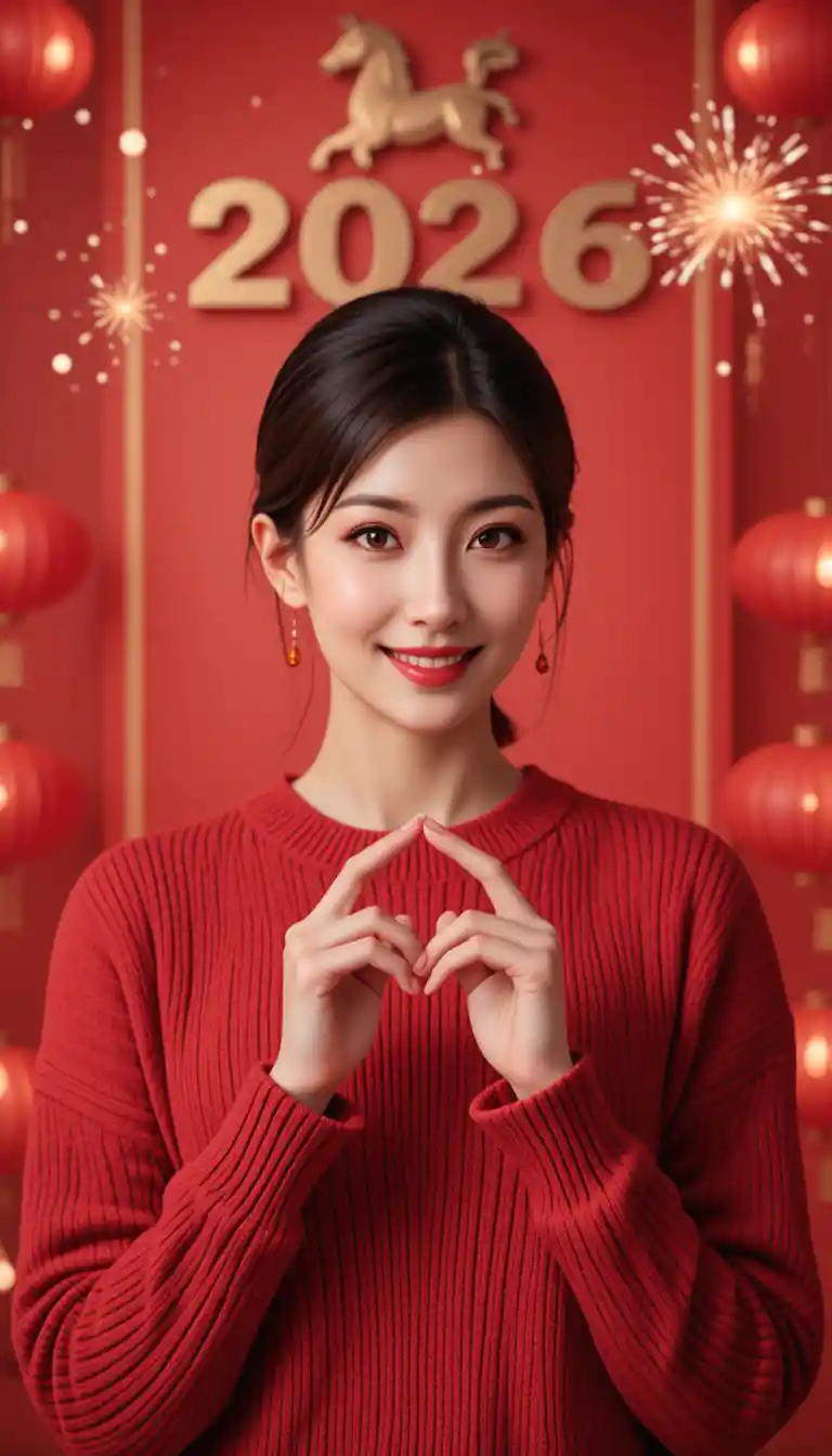 Mulher chinesa de suéter vermelho fazendo gesto de coração