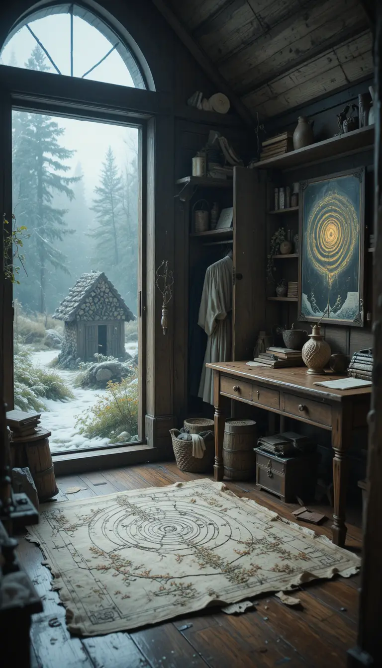Intérieur de cottage de druide érudit dans une forêt de montagne brumeuse