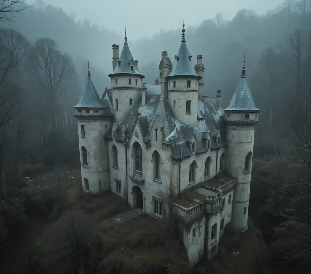 Château français abandonné entouré d’une forêt sombre envahissante