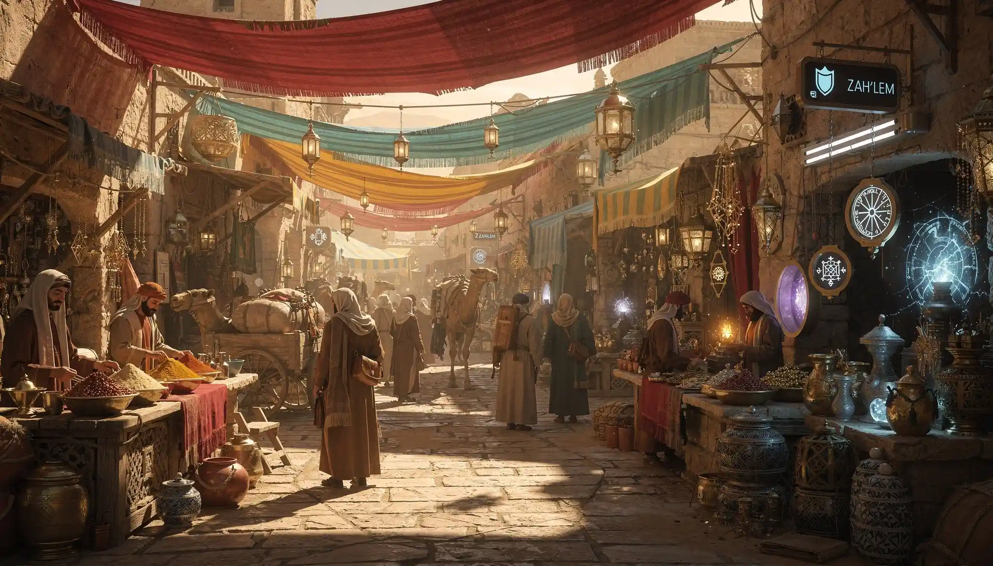 Vivace souk nel deserto con mercanti in una stretta via del mercato