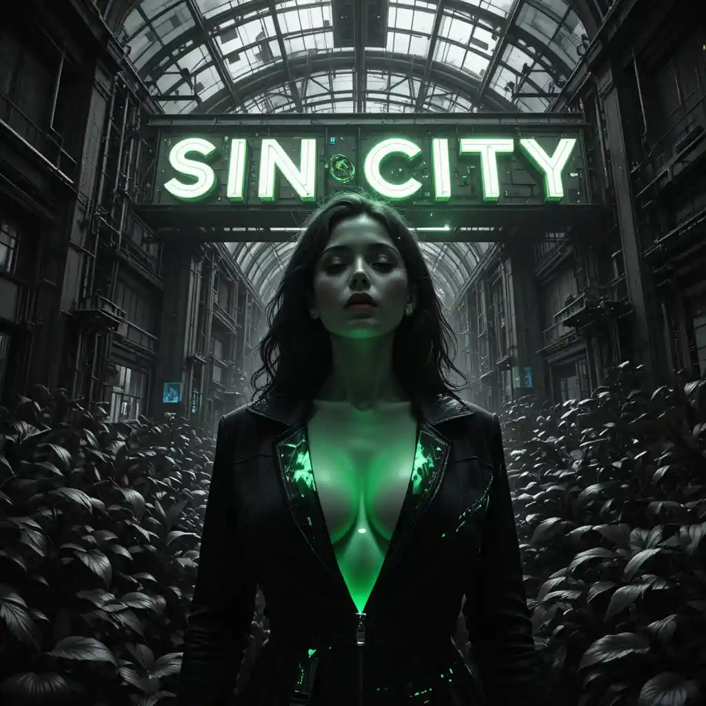 Femme fatale noir em uma estufa subterrânea iluminada por neon