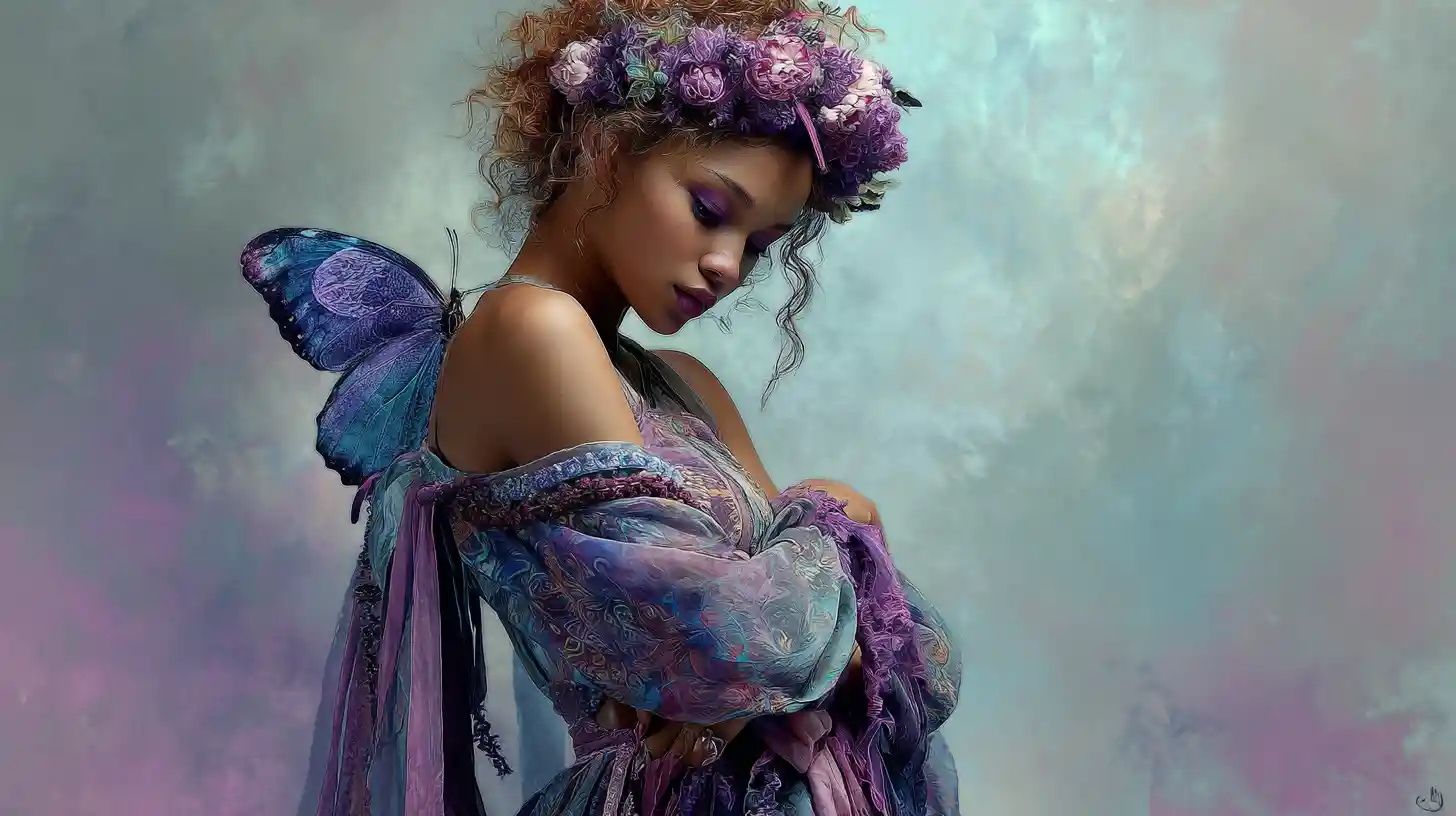 Dreamy girl with butterfly in flowing colorful dress