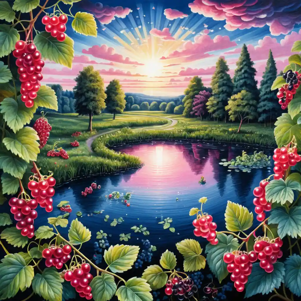 Amanecer surrealista sobre un campo de arándanos azules y un pequeño lago