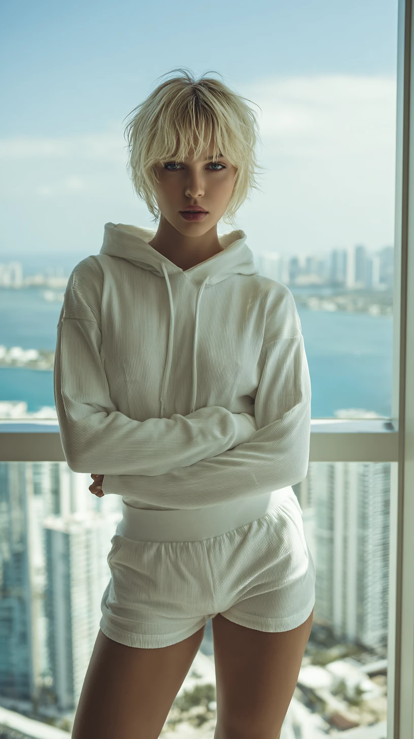 Blondes Fashion-Model im weißen Hoodie an den Stadtfenstern