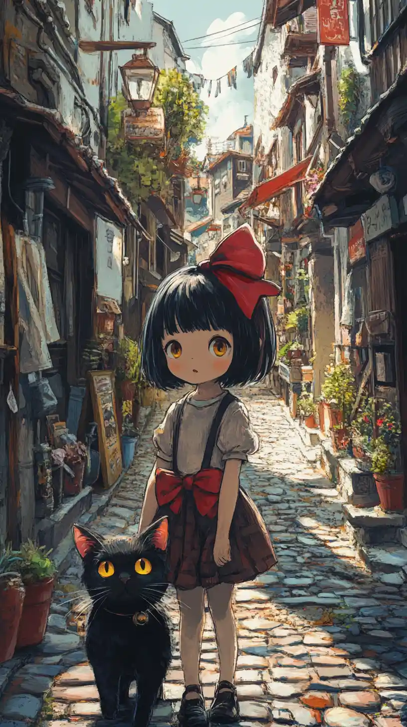 狹窄石板巷弄中的黑貓與動漫少女
