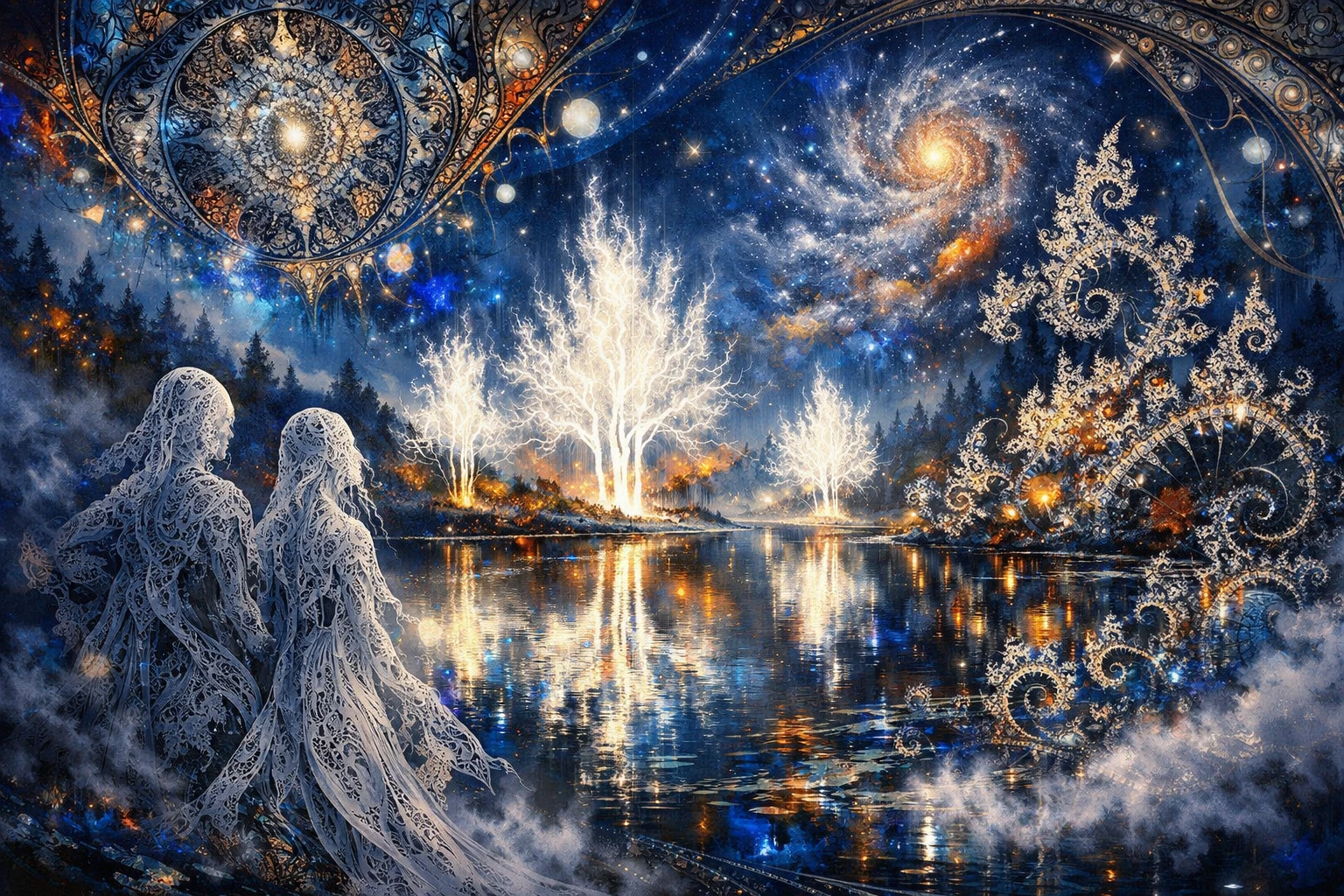 Surreal fantasy landscape with white fire trees and lake