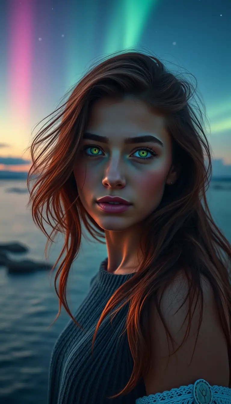 Young woman by the ocean under shimmering northern lights