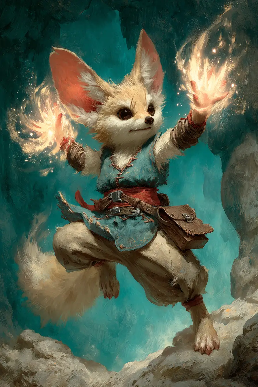 勇敢的魔法狐狸在洞穴中施放發光咒語
