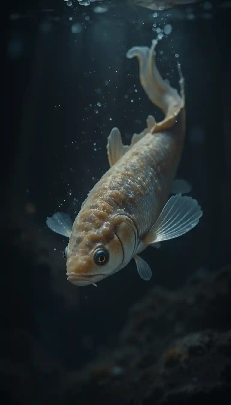 Small fish in still water with cinematic close up lighting