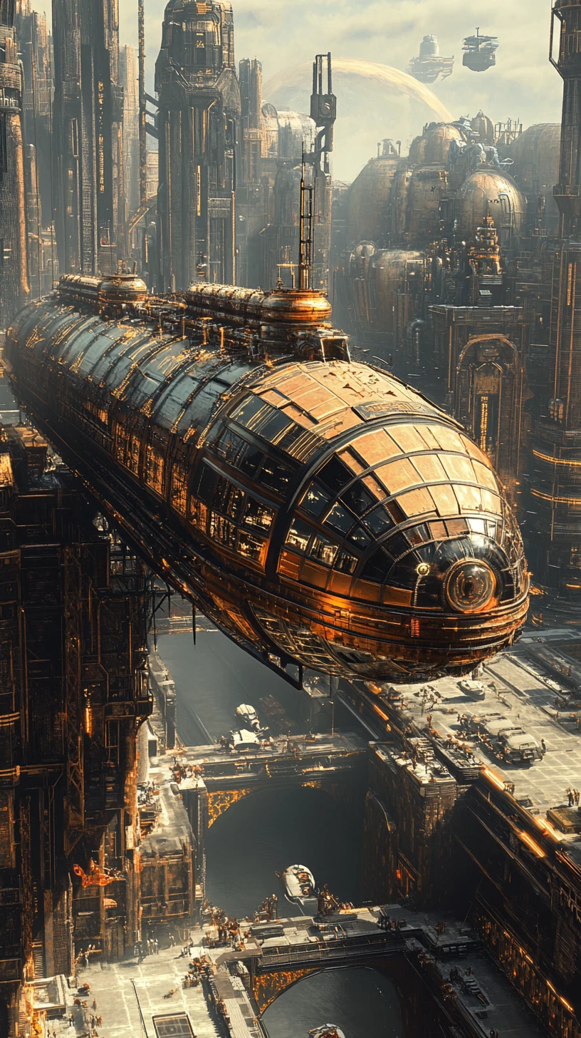 Dirigível futurista atracado sobre uma cidade mecânica retrô