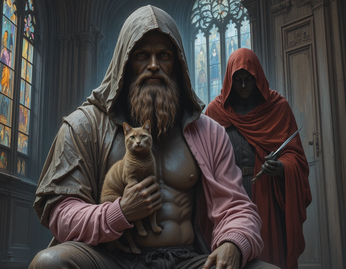 Statua di bronzo incappucciata con gatto in cattedrale gotica