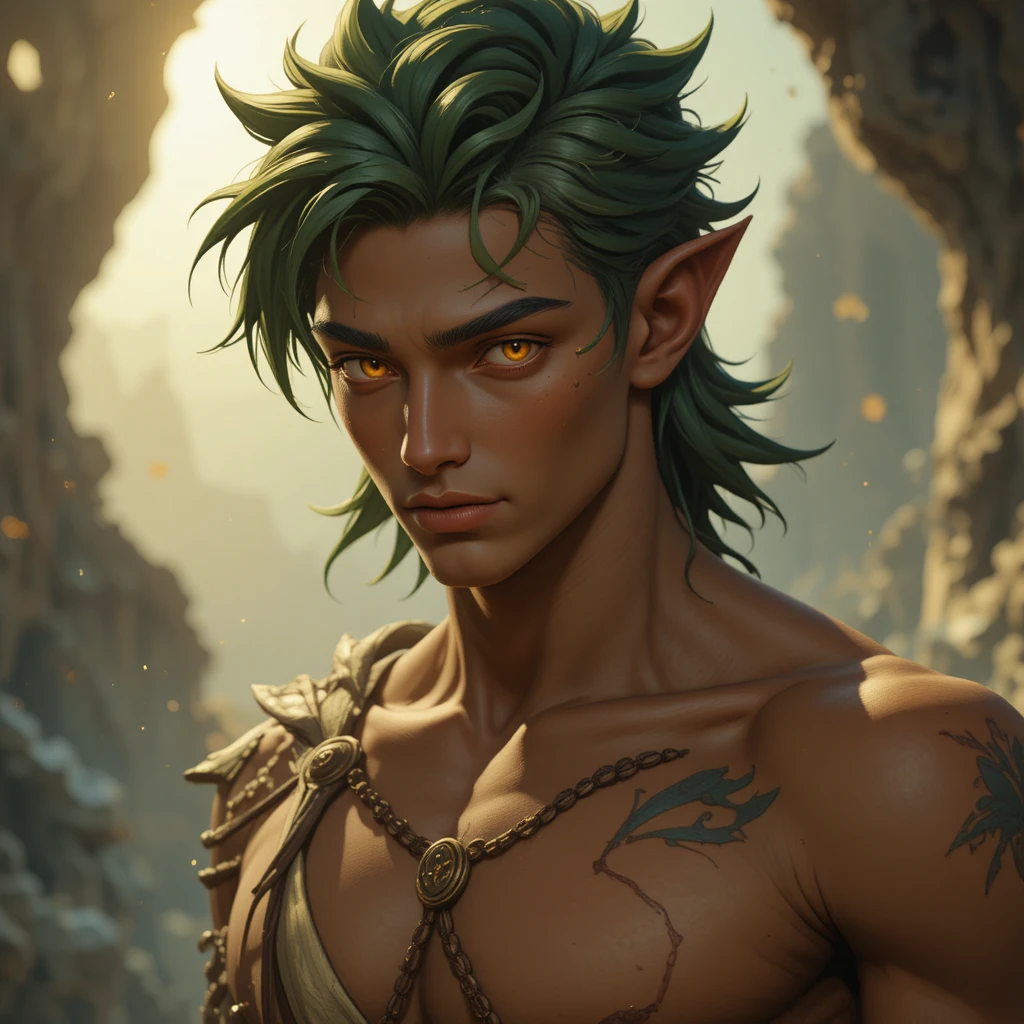Jovem deus do amor de fantasia com pele bronzeada e cabelo verde