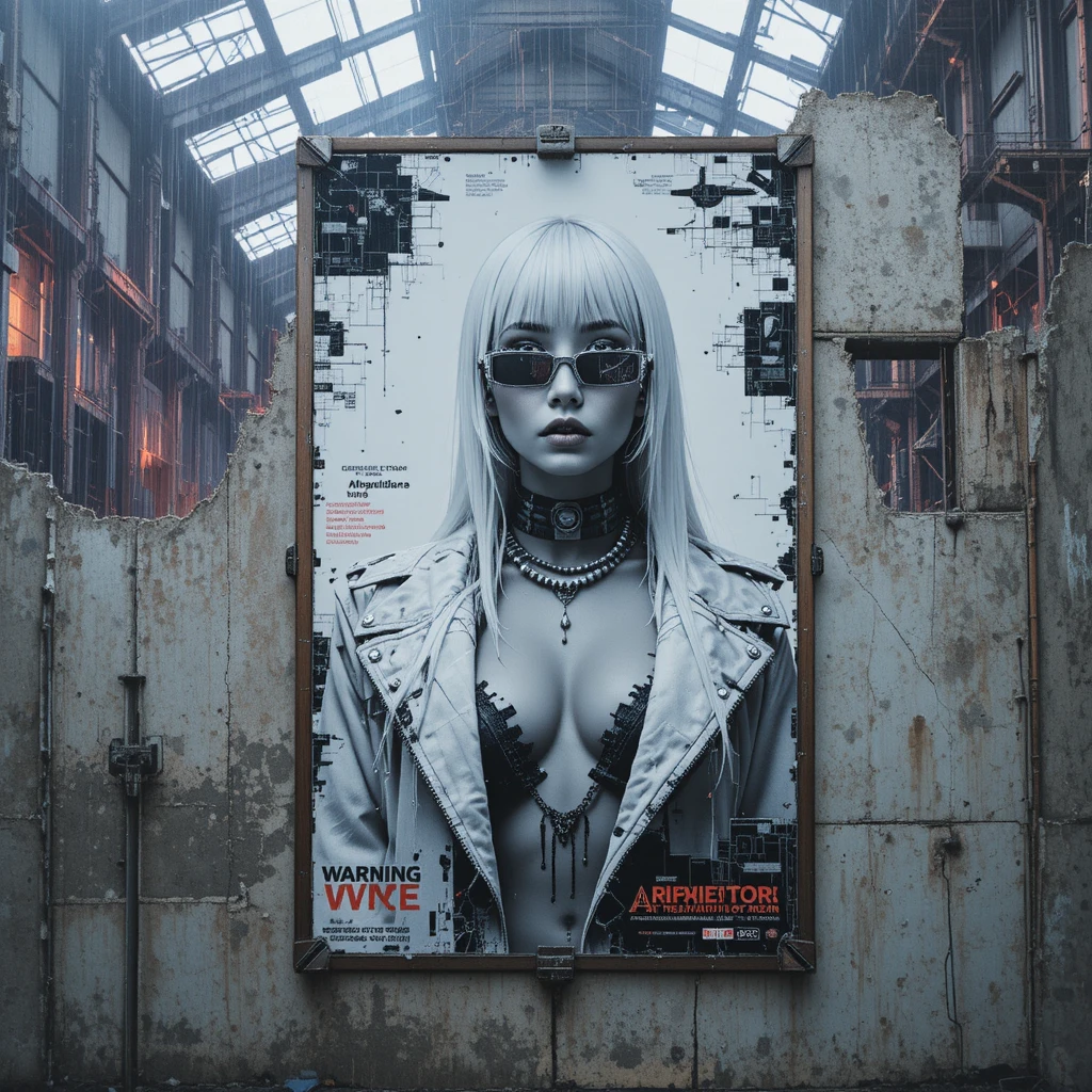 Noir fashion poster on scorched concrete hangar wall