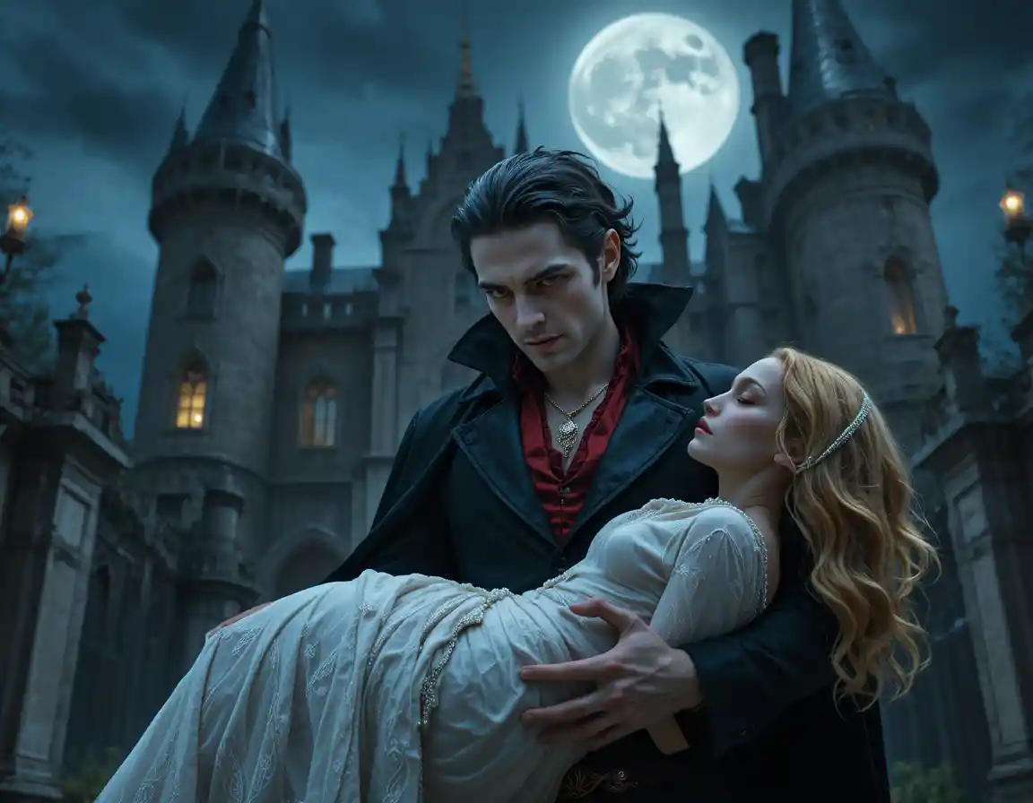 Vampiro sosteniendo a una mujer inconsciente frente a un castillo gótico