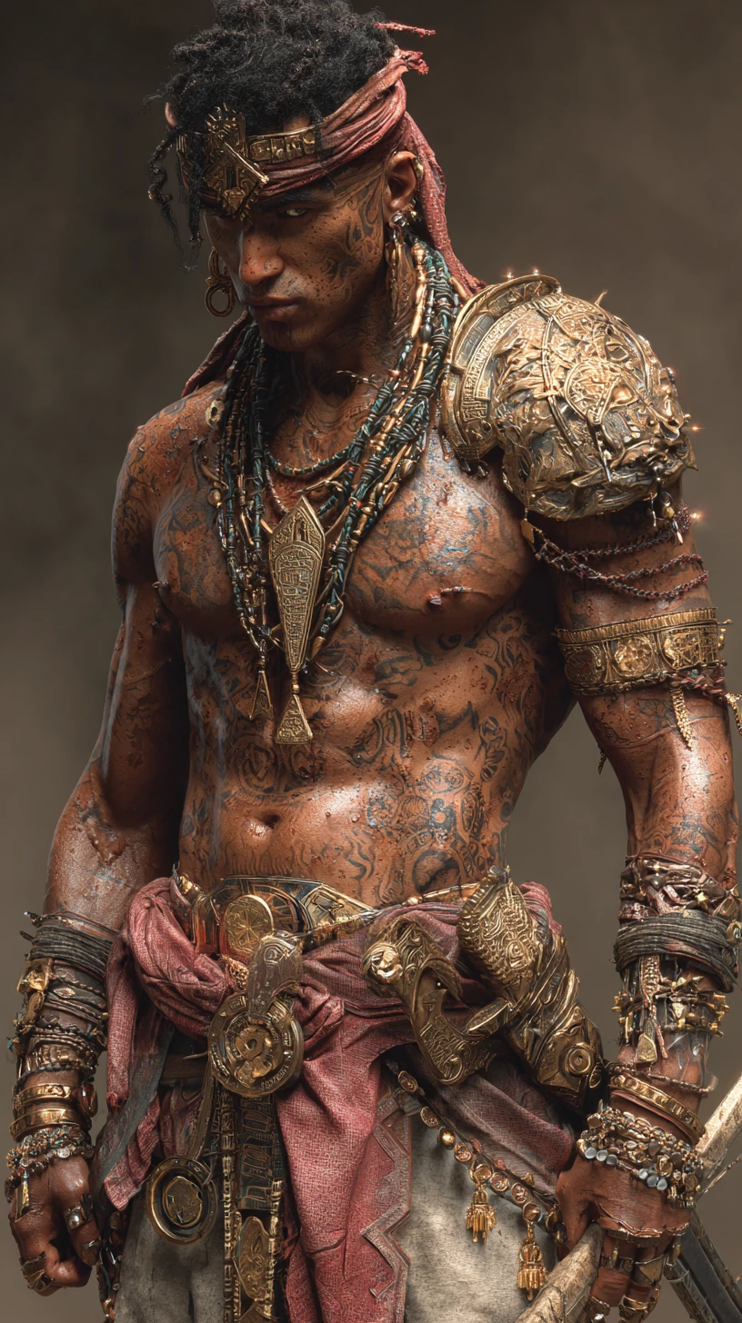 Arabian sci fi warrior in a golden armored muscle temple