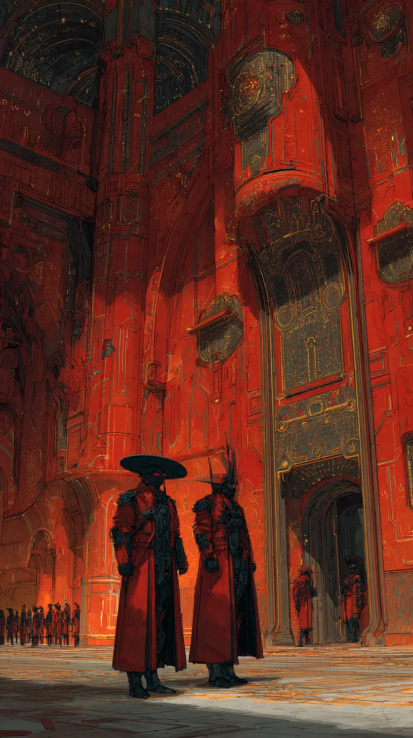 Cyberpunk Guards In An Ornate Golden Fantasy Palace