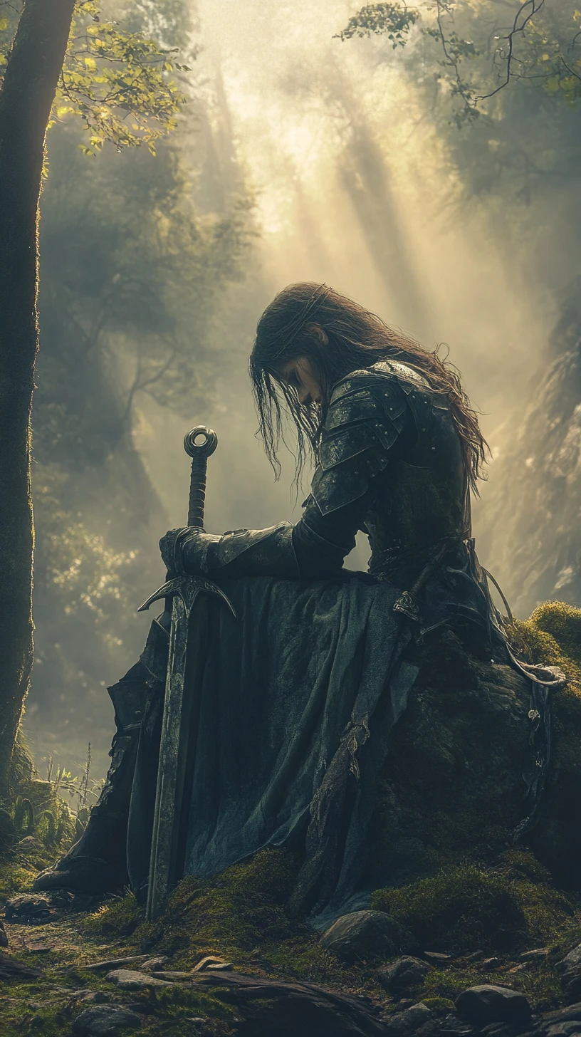 Fantasy warrior queen resting by a misty riverbank