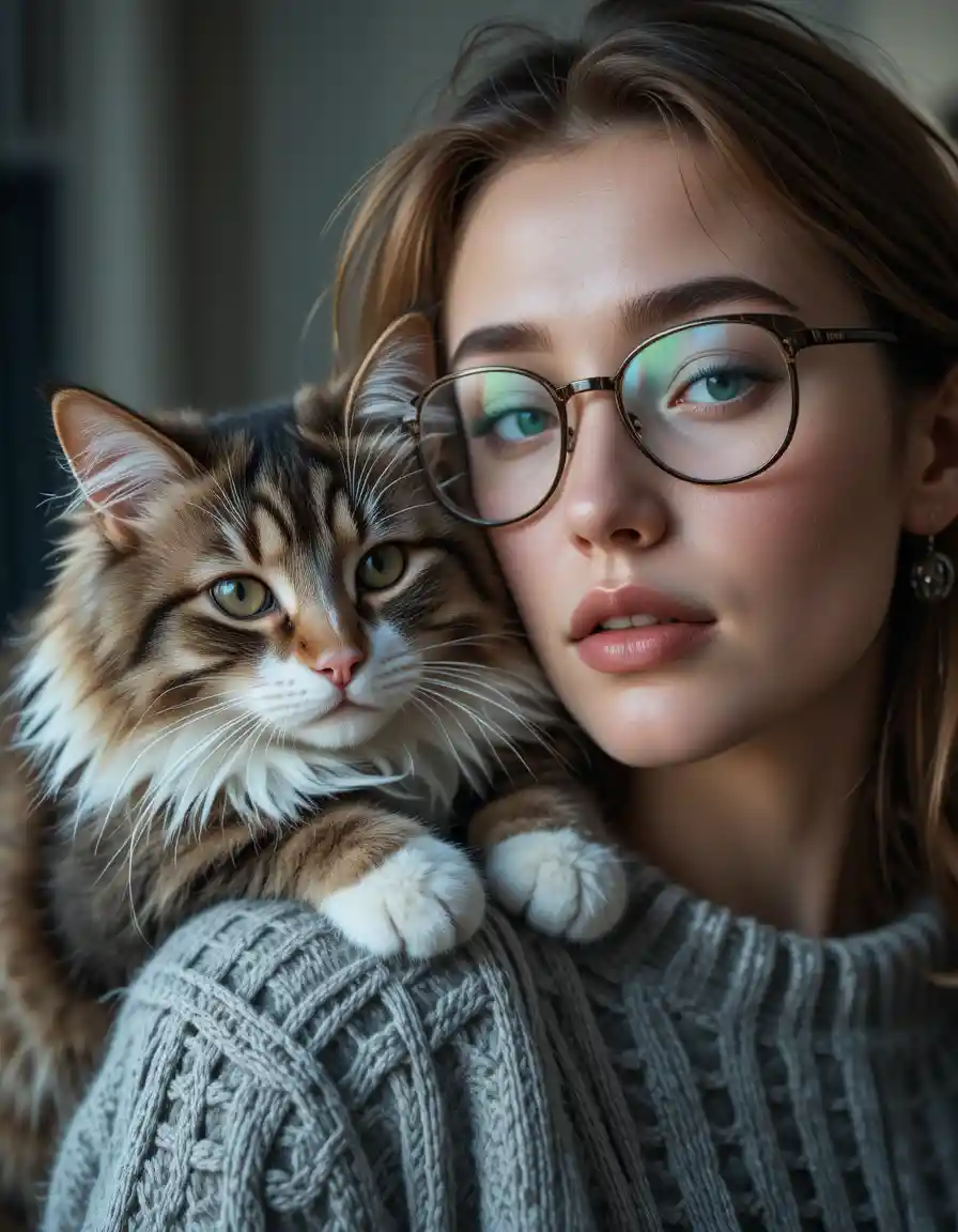 Woman with glasses cuddling a fluffy tabby cat