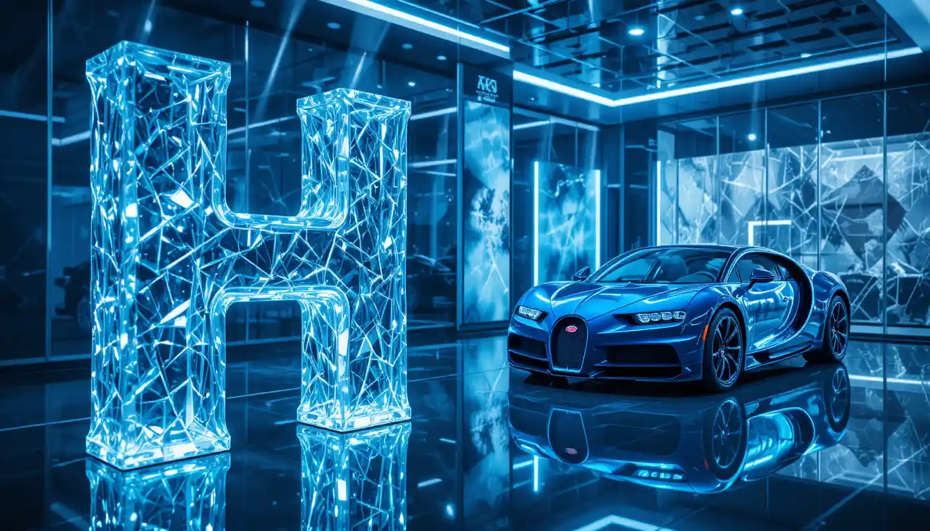 Lettera H di Cristallo con Auto Sportiva di Lusso in Showroom