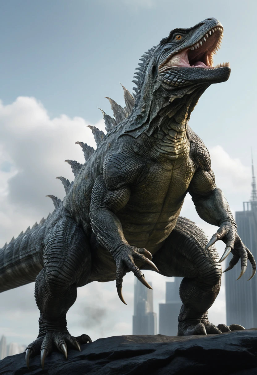 Lagarto monstro gigante erguido com nadadeiras e garras